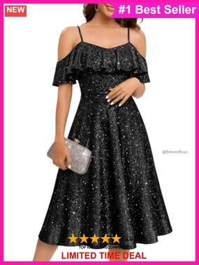 Off Shoulder Sequin Midi Formal Dress Wedding Guest Prom Cocktail